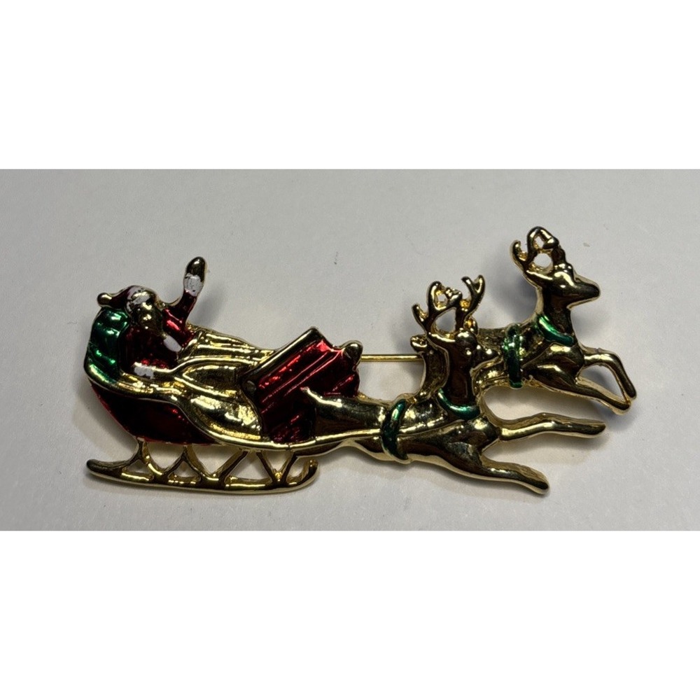 Santa Sleigh Reindeer Christmas Brooch Red Green Enamel Gold Tone Holiday Pin